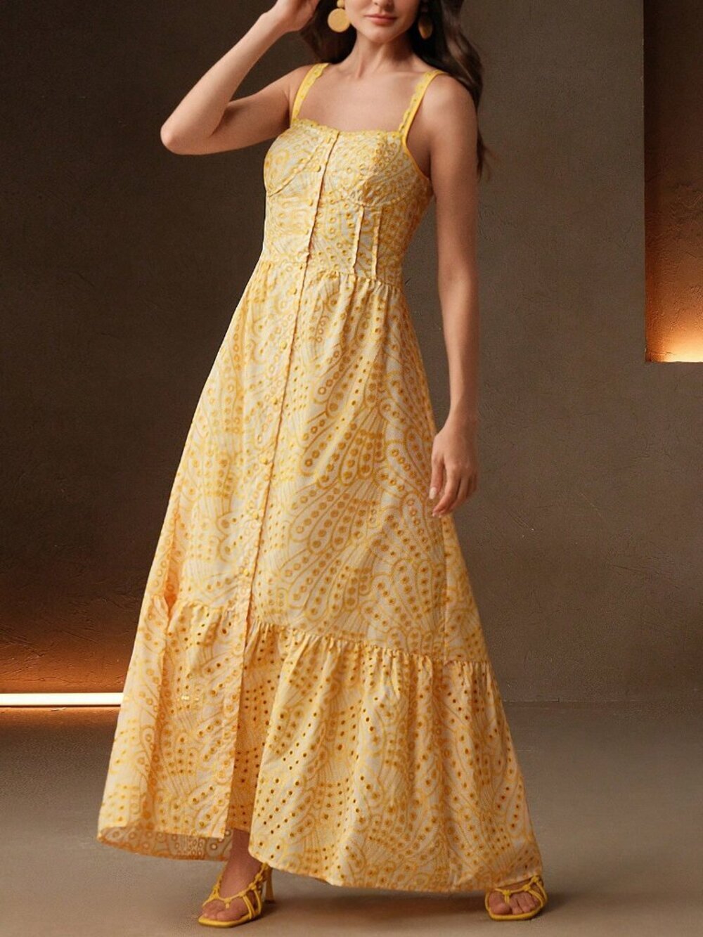 Yellow Boho Women's Elegant Floral Embroidered maxi Dress